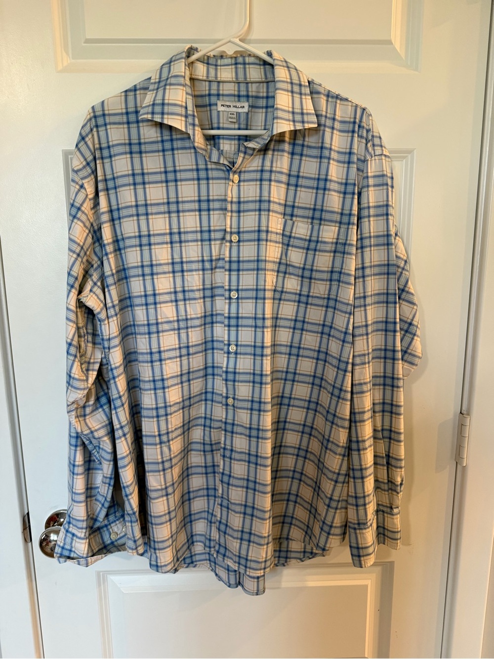 Peter Millar Cream and Blue Plaid Button-Down Shirt
